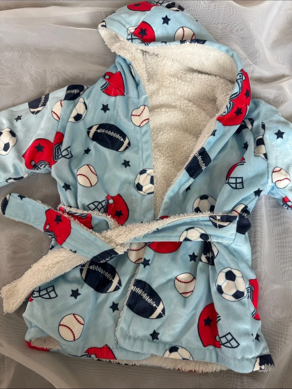 Kids Light Blue Hooded Sleep Robe with Sports Print